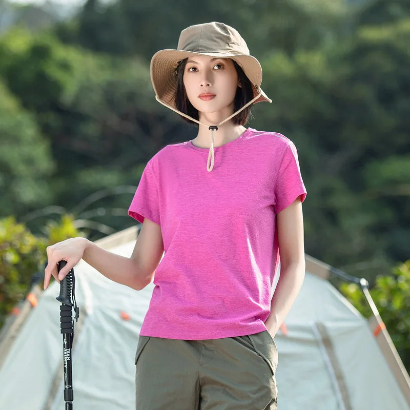 Outdoor Quick Dry Round Neck Short-Sleeved T-Shirt Women Men's Summer Camping Hiking Fishing Climbing Yoga Running Fitness Tops