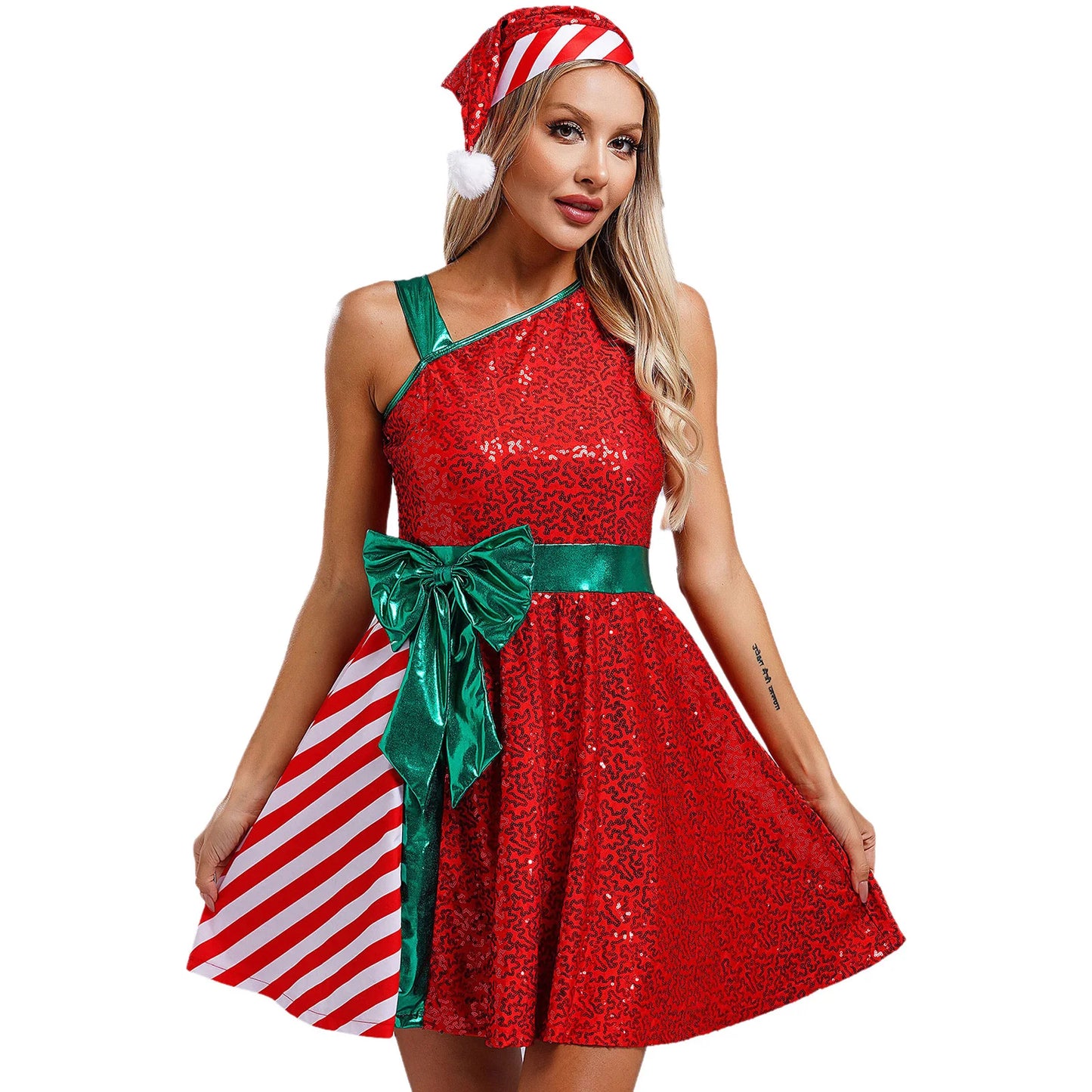 Women Christmas Santa Claus Costume Candy Cane Sequins Dance Dress with Hat Set Mrs Santa Elf Xmas Holiday Party Cosplay Costume