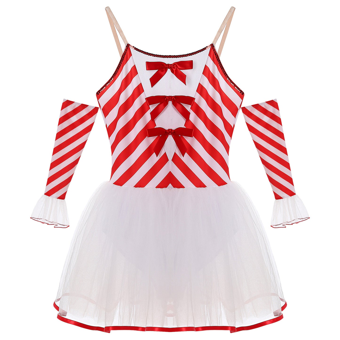 Womens Christmas Candy Cane Tutu Dress with Gloves New Year Costume Bow Striped Tulle Sling Dress Xmas Holiday Party Costumes