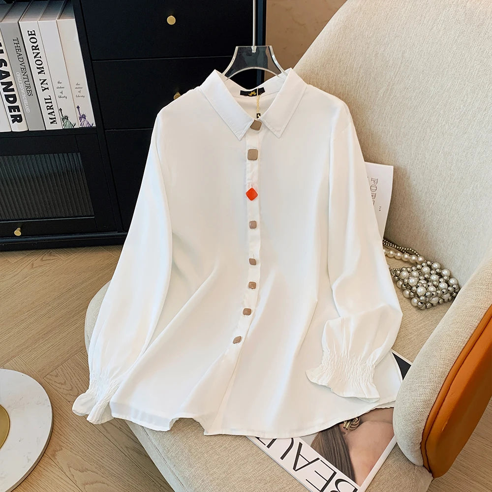 Plus-size women's white black solid color shirt elastic cuff long sleeve top button business fashion simple chiffon autumn 2024