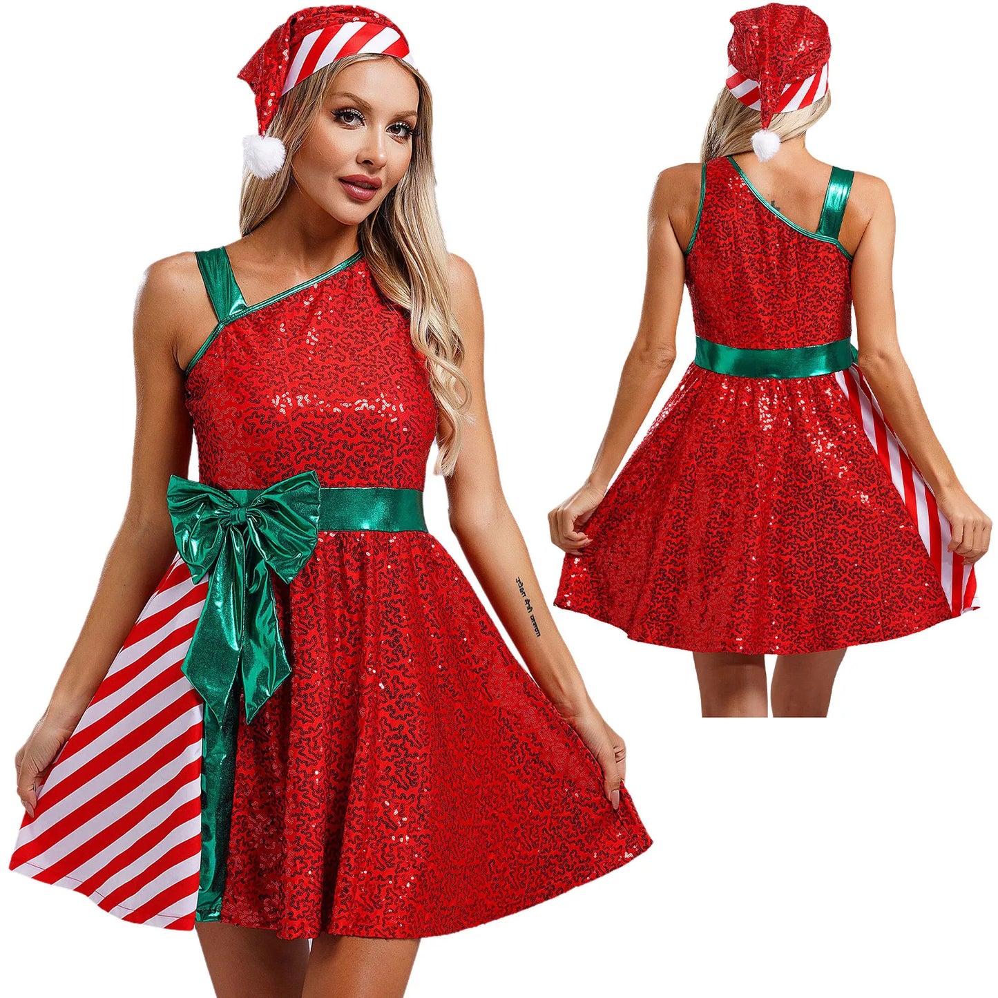 Women Christmas Santa Claus Costume Candy Cane Sequins Dance Dress with Hat Set Mrs Santa Elf Xmas Holiday Party Cosplay Costume