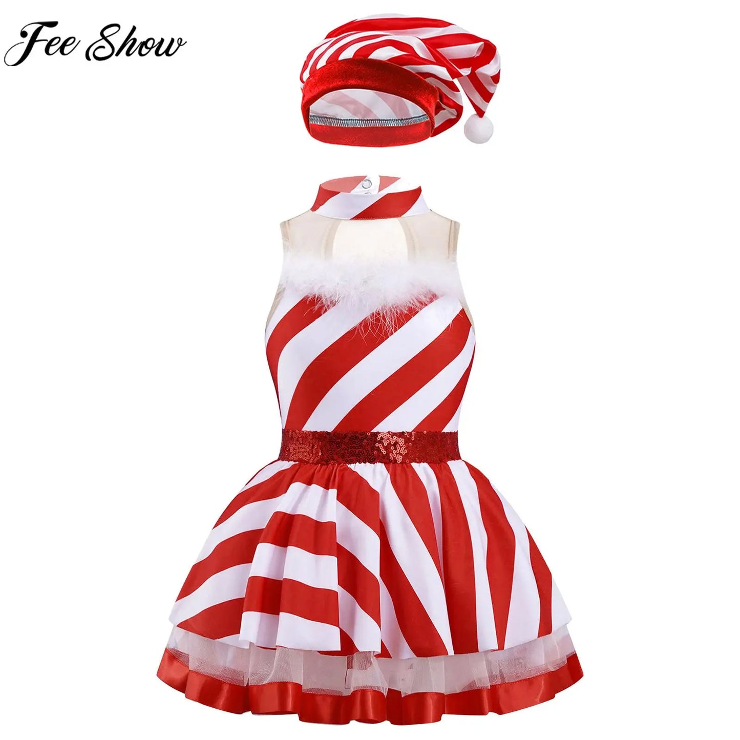 Teen Girls Christmas Party Dress Striped Candy Cane Ballet Dance Skating Leotard Tutu with Hat Xmas Santa Claus Cosplay Costume