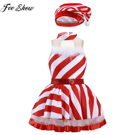 Teen Girls Christmas Party Dress Striped Candy Cane Ballet Dance Skating Leotard Tutu with Hat Xmas Santa Claus Cosplay Costume