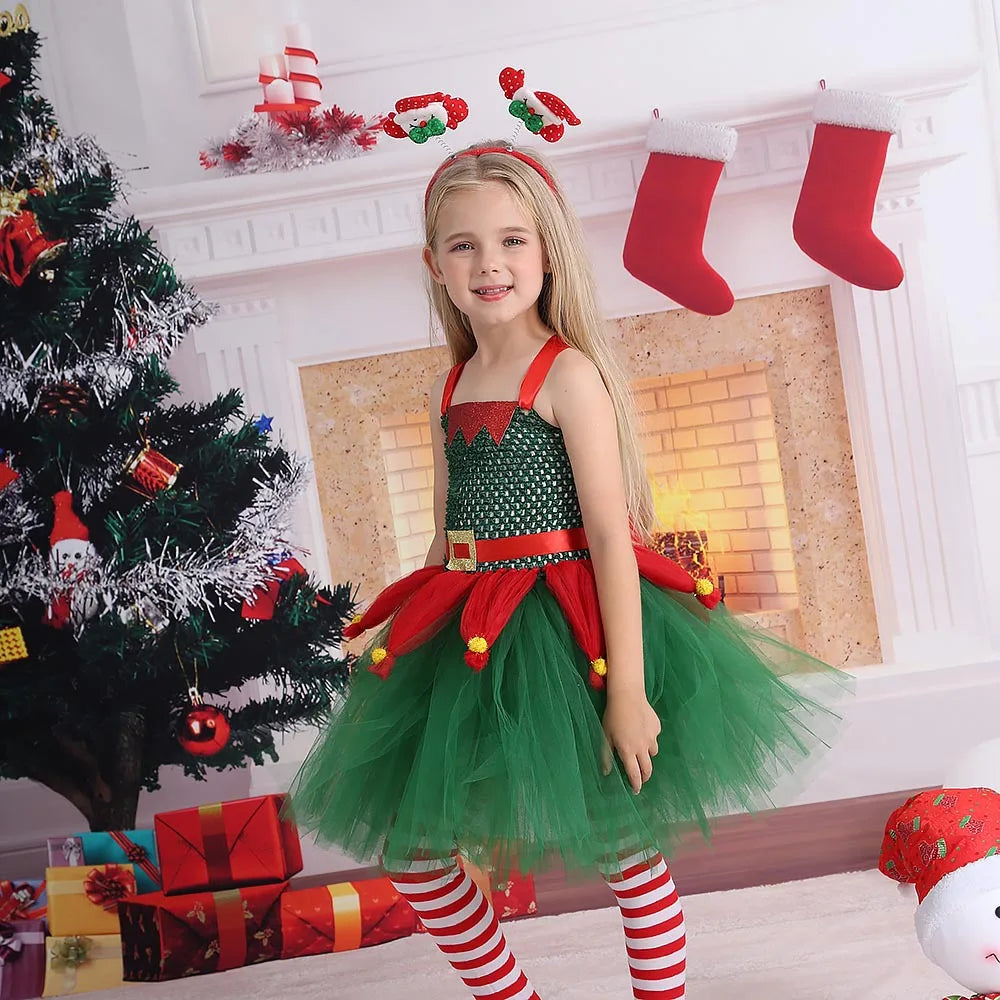 Children Christmas Clothing Girl Cosplay Christmas Tree Dress Princess Pomp Dress Children Holiday Party Cute Stage Costume