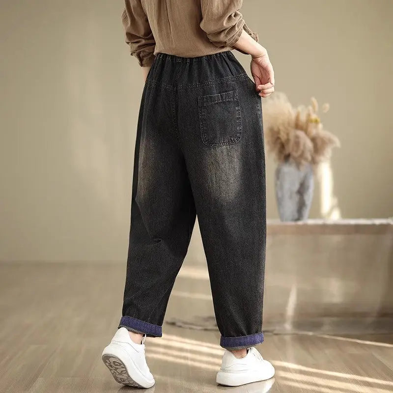 2024 Autumn New Vintage Loose Large Size Jeans Women's Harem Patch Letter Elastic High Waist Radish Pants Denim Dad Tousers K252