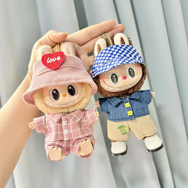 17cm Labubu I II Cute Plush Doll'S Clothes Idol Dolls Sitting Party Pink Green Button Denim Suit Accessories For Korea Kpop Exo