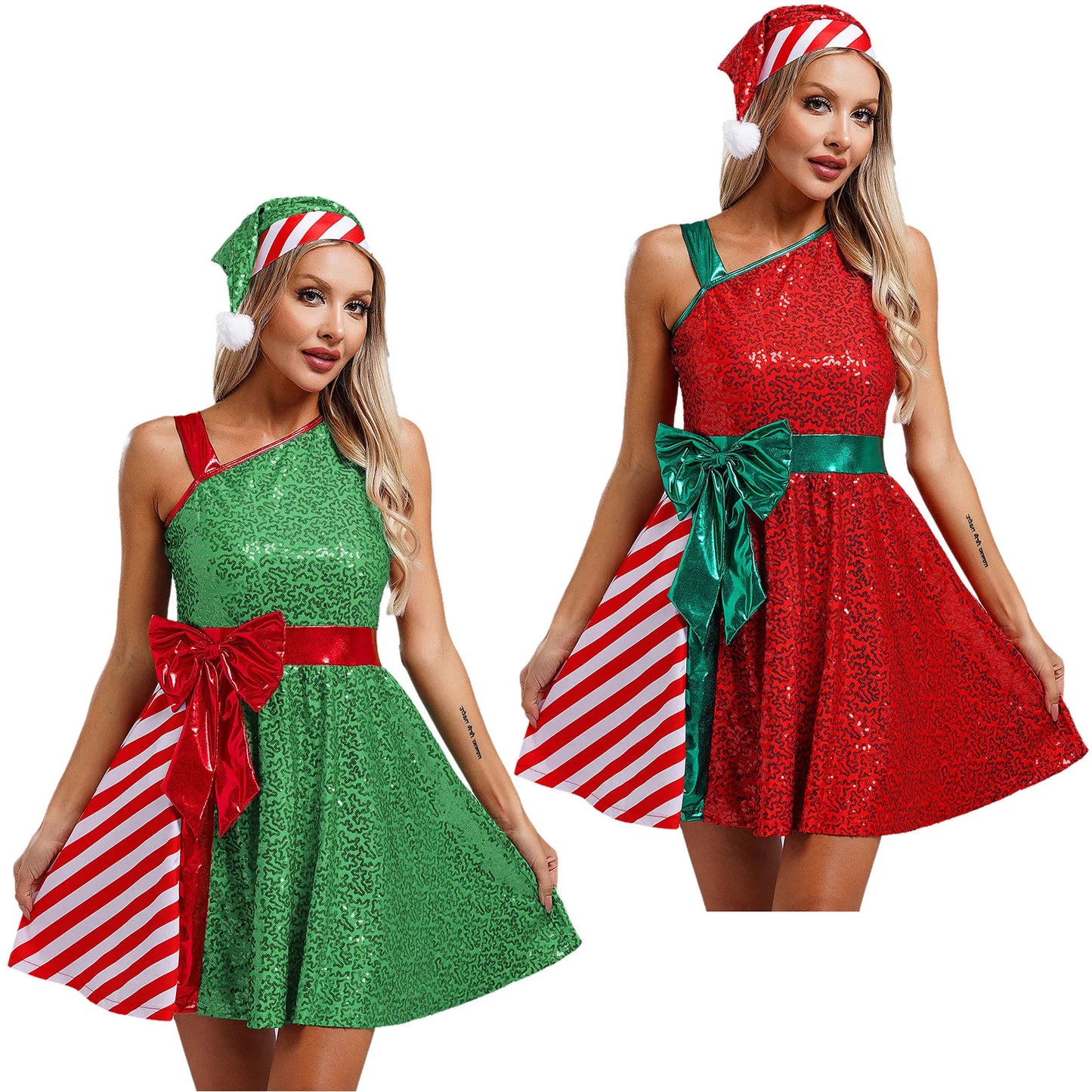 Women Christmas Santa Claus Costume Candy Cane Sequins Dance Dress with Hat Set Mrs Santa Elf Xmas Holiday Party Cosplay Costume