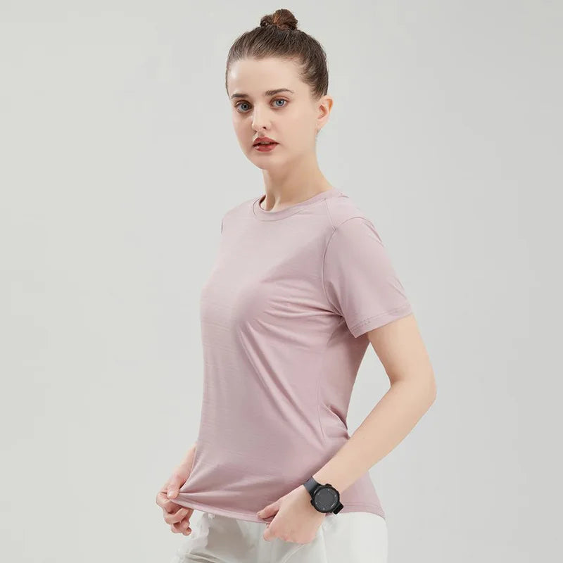 Female Slim Fit Sports Tee Shirt Quick Dry Light Breathable Short Sleeve T-Shirt Women Stretch Running Gym Exercise T Shirt Tops