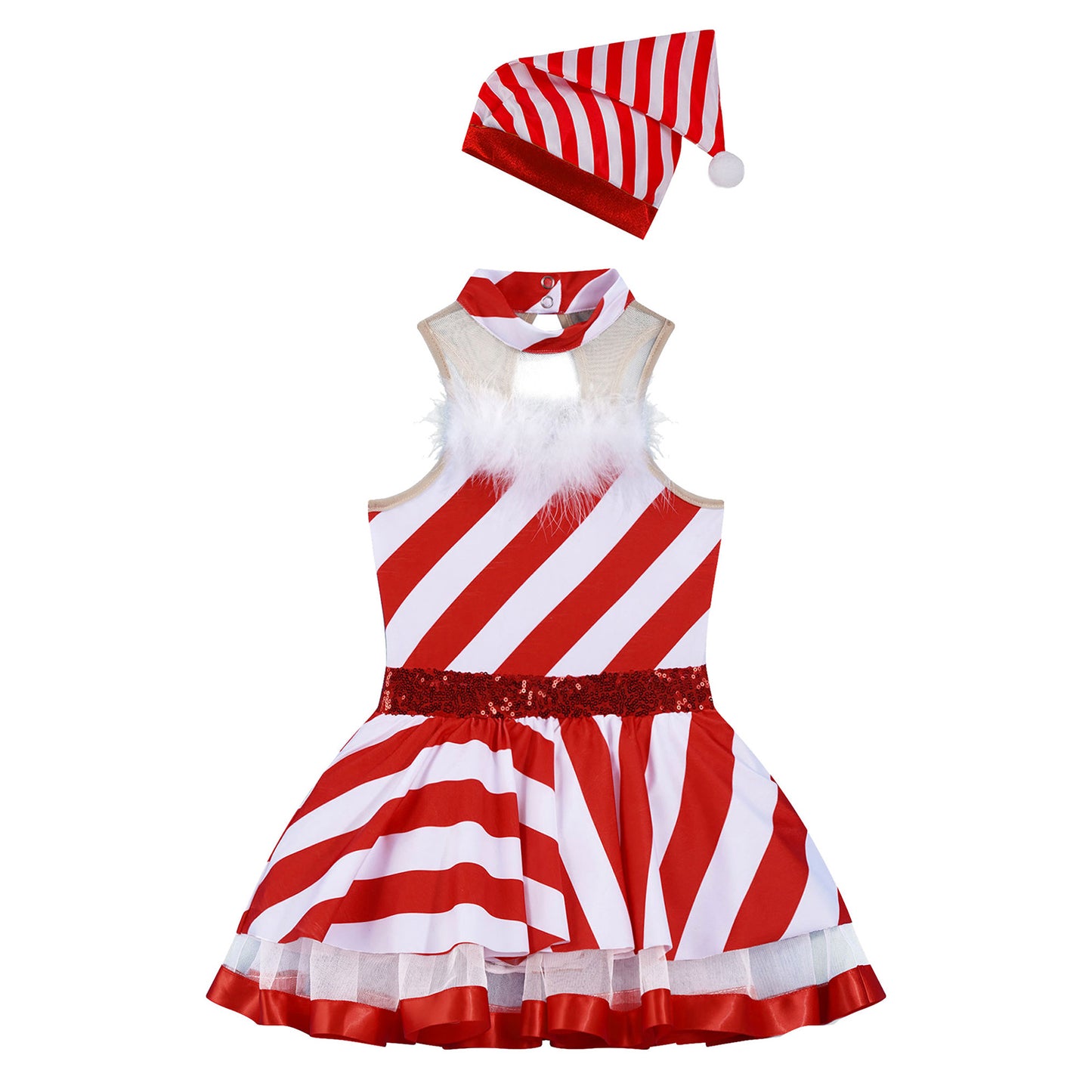 Teen Girls Christmas Party Dress Striped Candy Cane Ballet Dance Skating Leotard Tutu with Hat Xmas Santa Claus Cosplay Costume