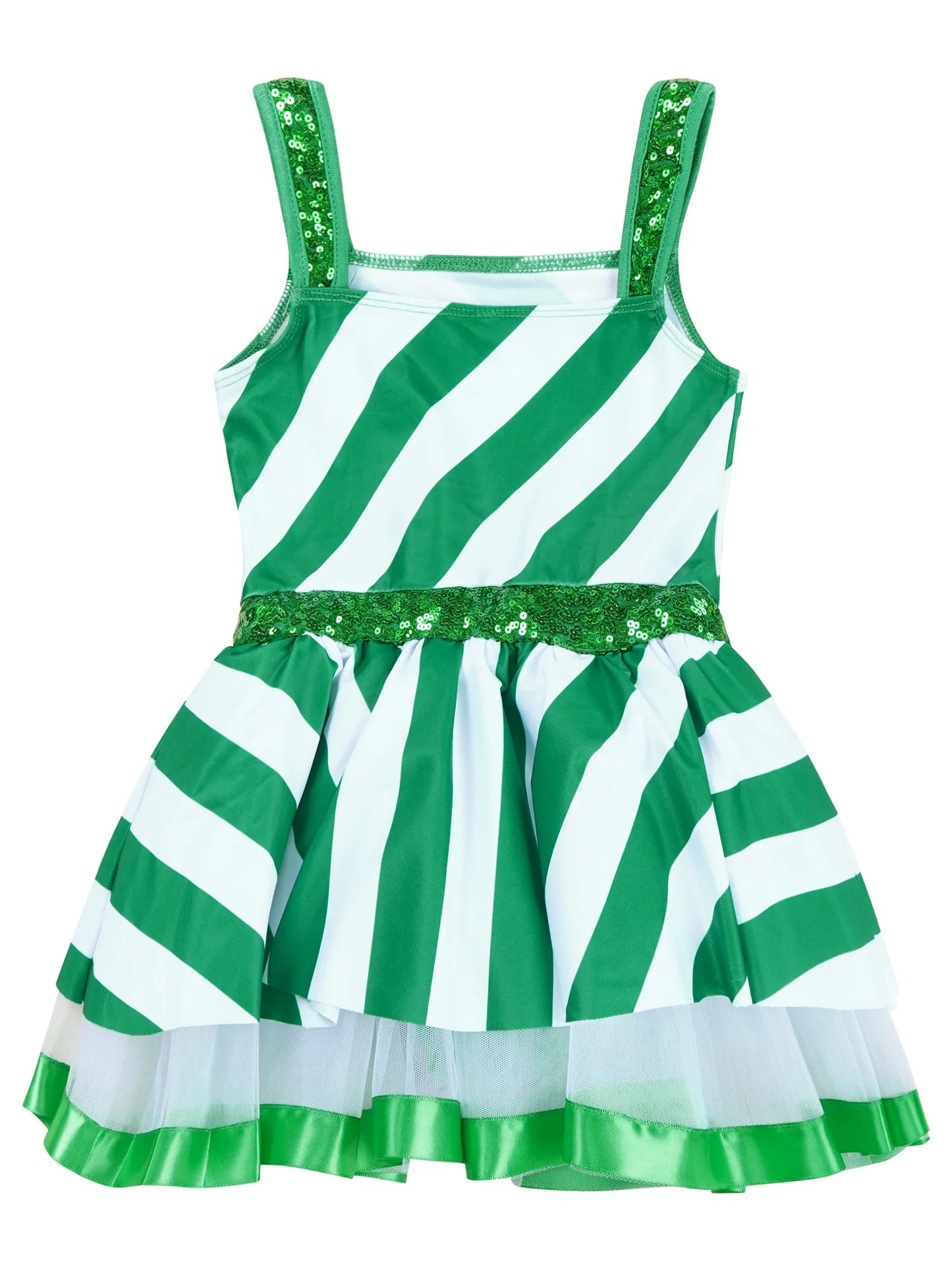 #2T-16 Kids Girls Christmas Dance Costume Candy Cane Santa Claus Leotard Dress Sequins Striped Ice Skating Roller Dancewear