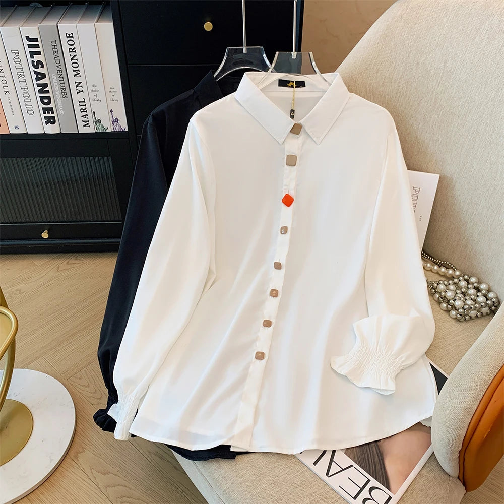 Plus-size women's white black solid color shirt elastic cuff long sleeve top button business fashion simple chiffon autumn 2024