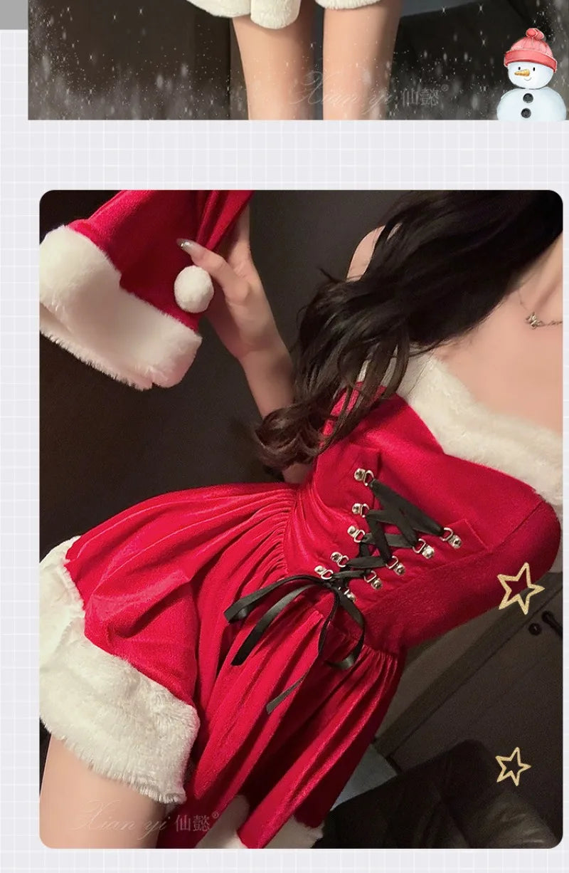 Kawaii Cloak Cosplay Santa Claus Cute Autumn And Winter Christmas Red Shawl Dress Women's Holiday Costume Party Dressing Women