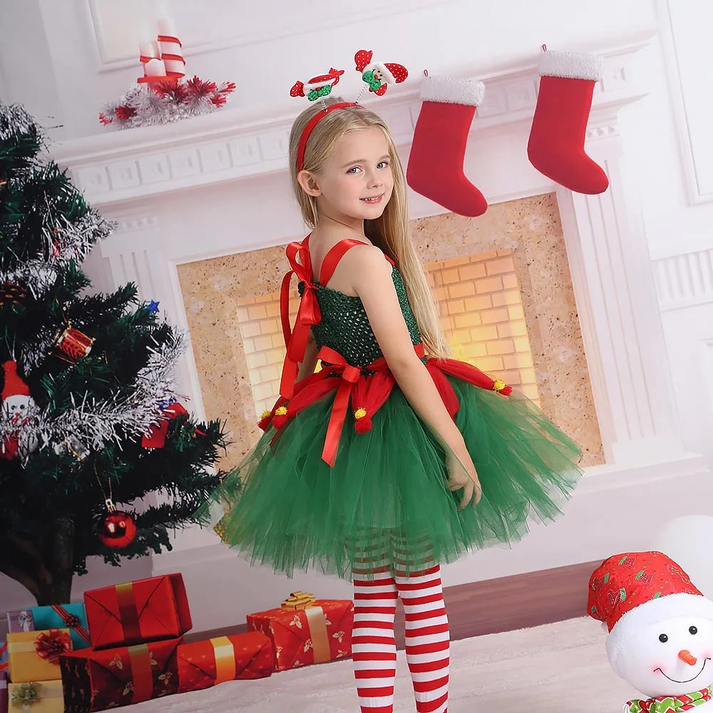 Children Christmas Clothing Girl Cosplay Christmas Tree Dress Princess Pomp Dress Children Holiday Party Cute Stage Costume