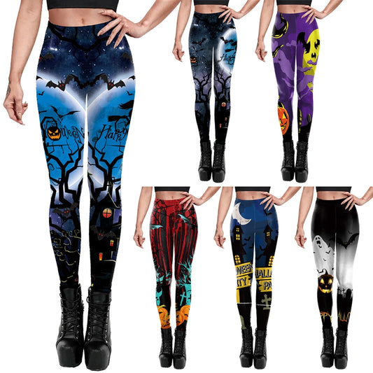 VIP FASHION Cosplay Leggings for Women Skull Castle Bat Print Leggings Halloween Party Tousers Seam Sexy Tights Festival Gifts