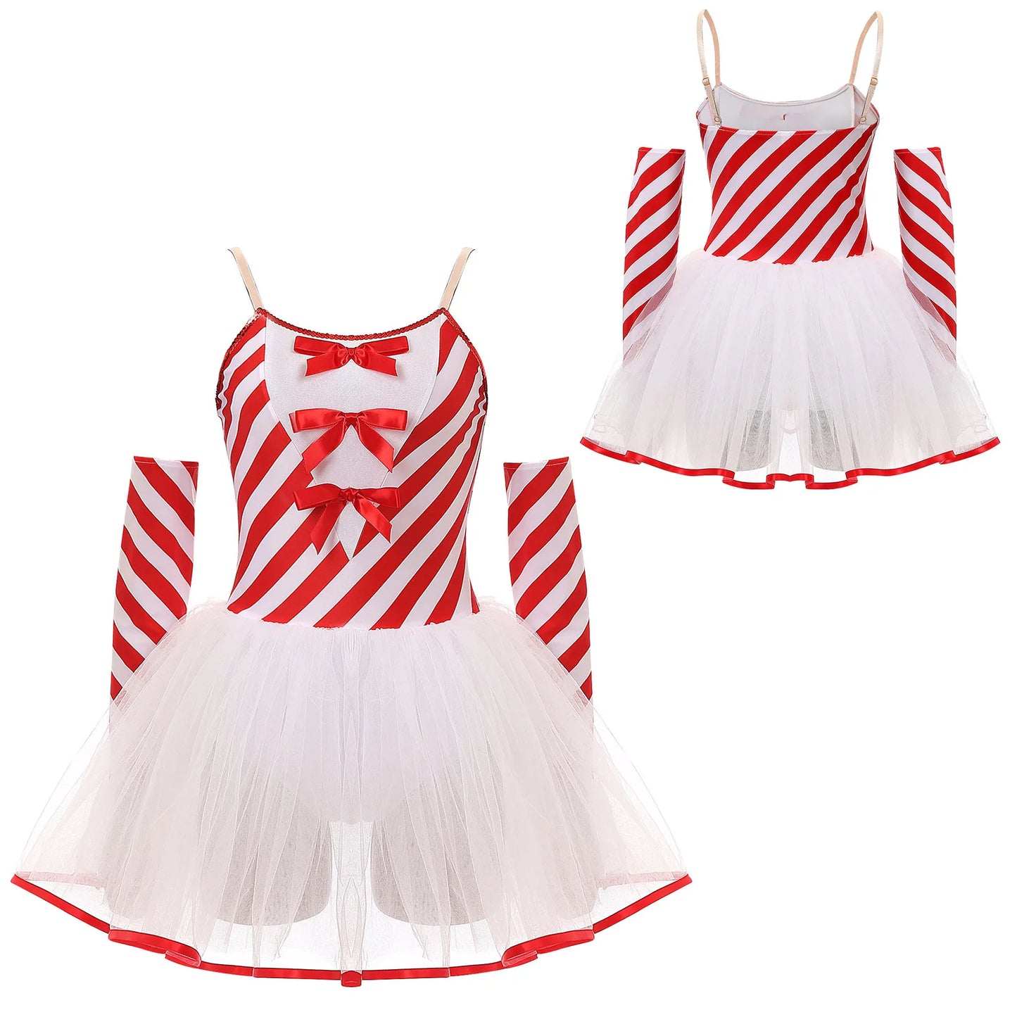 Womens Christmas Candy Cane Tutu Dress with Gloves New Year Costume Bow Striped Tulle Sling Dress Xmas Holiday Party Costumes