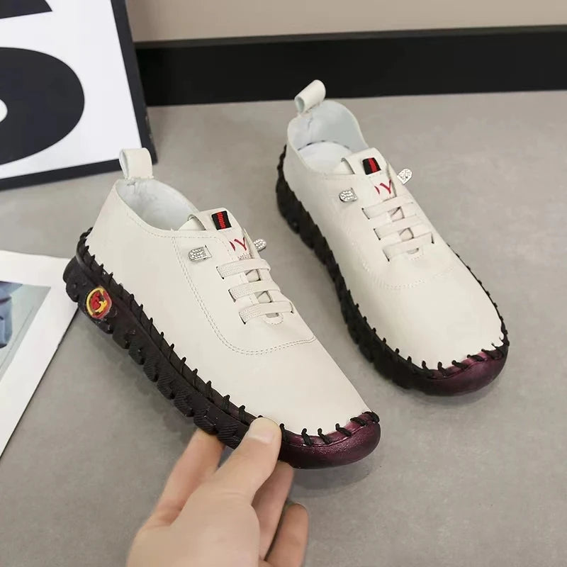 Women Shoes 2024Autumn Fashion Pu Leather Casual Shoes Handmade Sewing Soft Comfortable Mom Shoes Women Sneakers Chaussure Femme