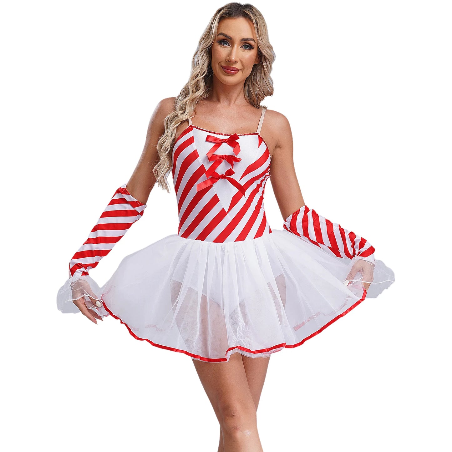 Womens Christmas Candy Cane Tutu Dress with Gloves New Year Costume Bow Striped Tulle Sling Dress Xmas Holiday Party Costumes