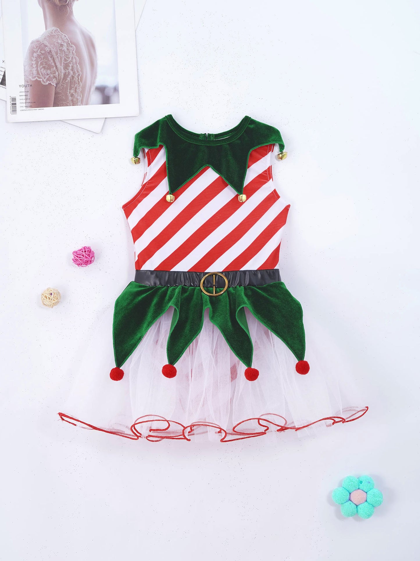 Teen Girls Christmas Party Dress Striped Candy Cane Ballet Dance Skating Leotard Tutu with Hat Xmas Santa Claus Cosplay Costume