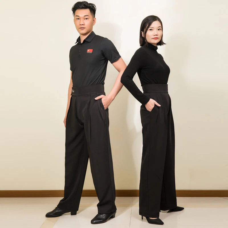 Men Women Latin Dance Pants Adult Ballroom Dance Competition Tousers High Waist Black Cha Cha Salsa Waltz Dancewear DNV17982