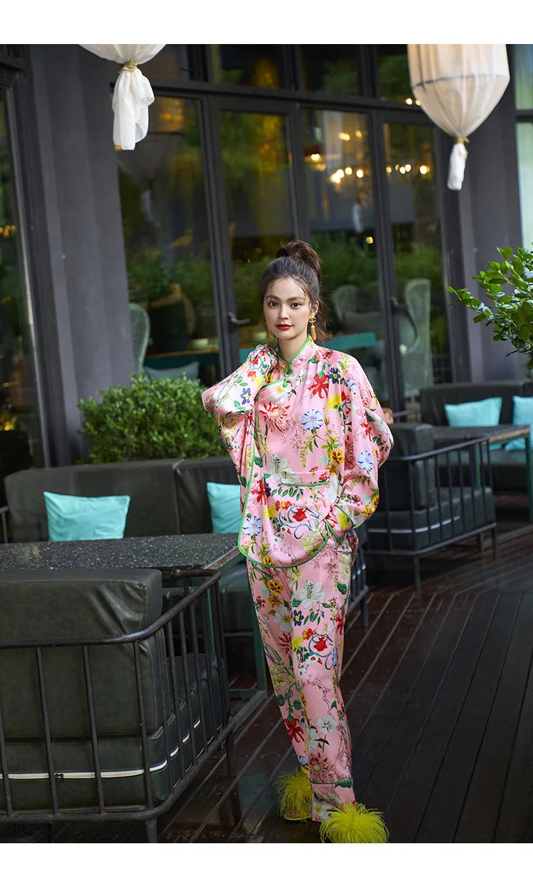 Pink Floral Print Satin Women Pajamas Set Long Sleeve Wide Leg Tousers Silk Sleepwear for Female 2 Pieces Pyjama Loungewear Home