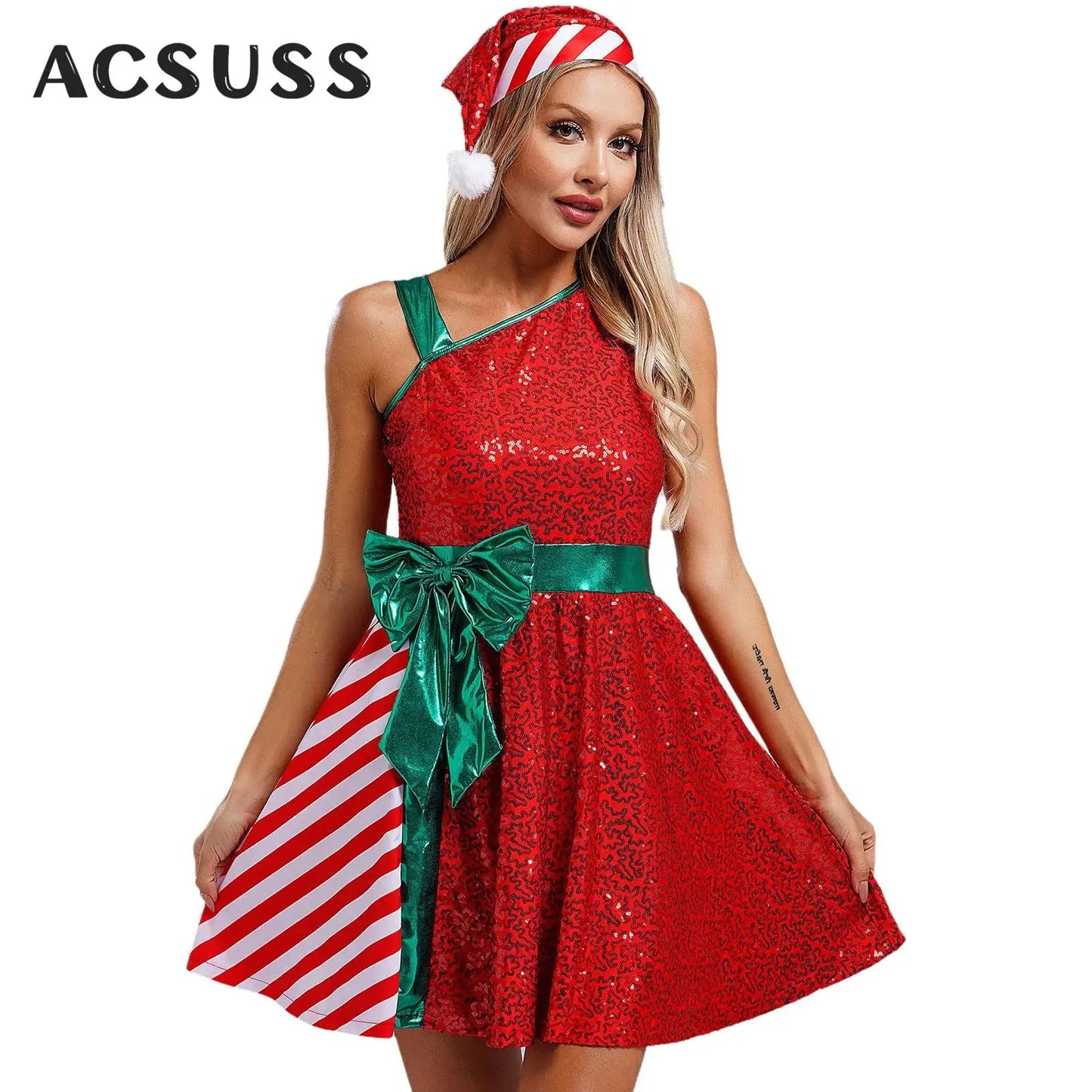 Women Christmas Santa Claus Costume Candy Cane Sequins Dance Dress with Hat Set Mrs Santa Elf Xmas Holiday Party Cosplay Costume