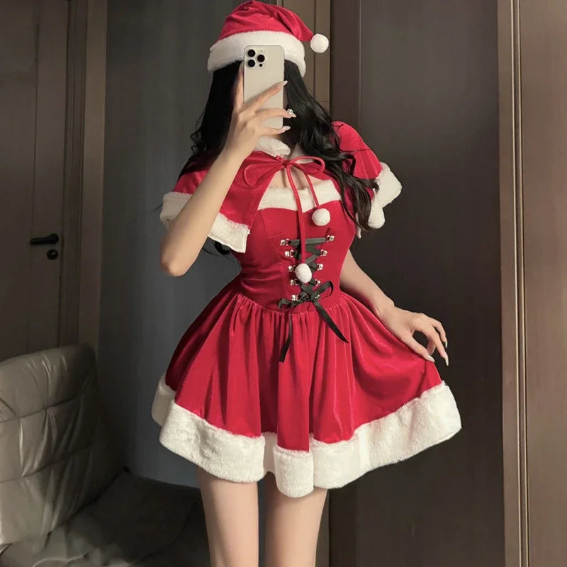 Kawaii Cloak Cosplay Santa Claus Cute Autumn And Winter Christmas Red Shawl Dress Women's Holiday Costume Party Dressing Women