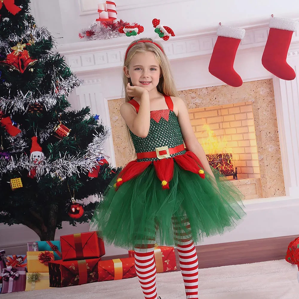 Children Christmas Clothing Girl Cosplay Christmas Tree Dress Princess Pomp Dress Children Holiday Party Cute Stage Costume