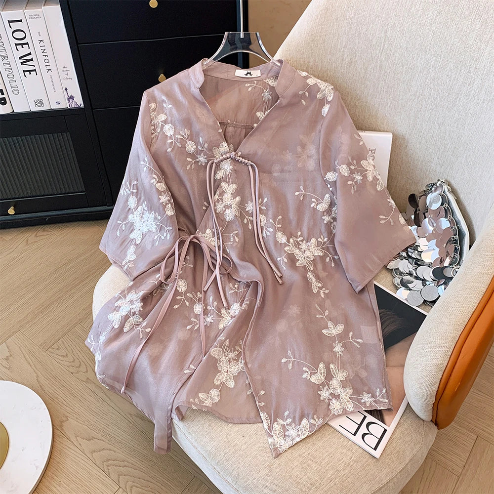 Plus size Women's dress Summer Casual Chiffon shirt Loose and comfortable Chinese style cardigan top Light and breathable