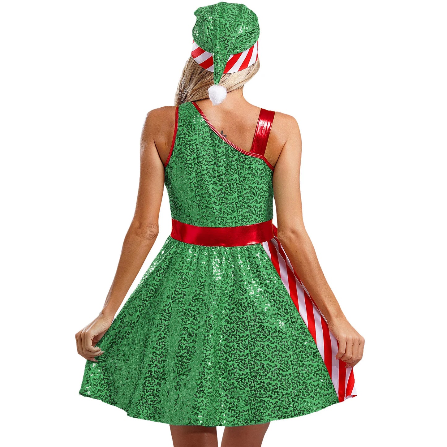 Women Christmas Santa Claus Costume Candy Cane Sequins Dance Dress with Hat Set Mrs Santa Elf Xmas Holiday Party Cosplay Costume