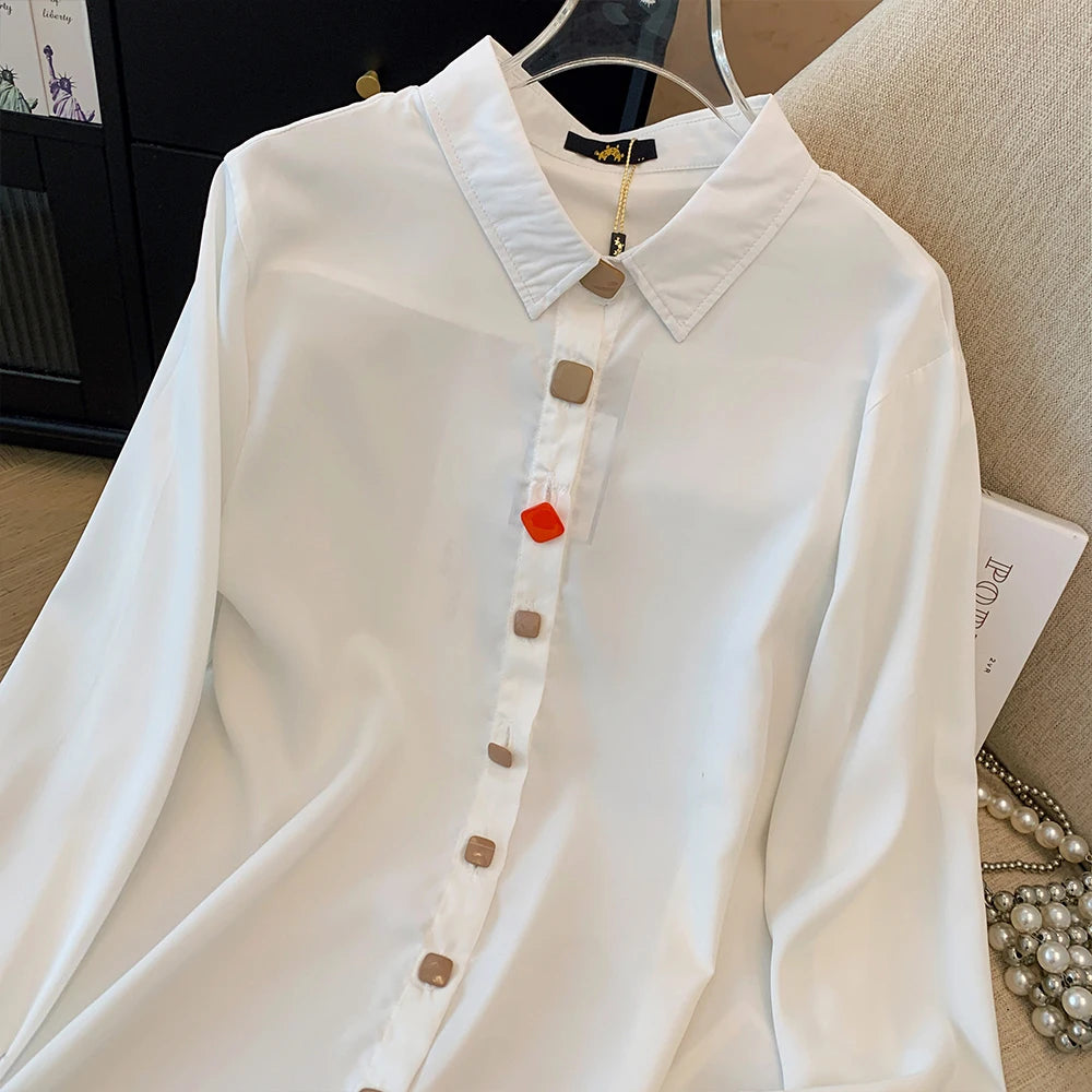 Plus-size women's white black solid color shirt elastic cuff long sleeve top button business fashion simple chiffon autumn 2024