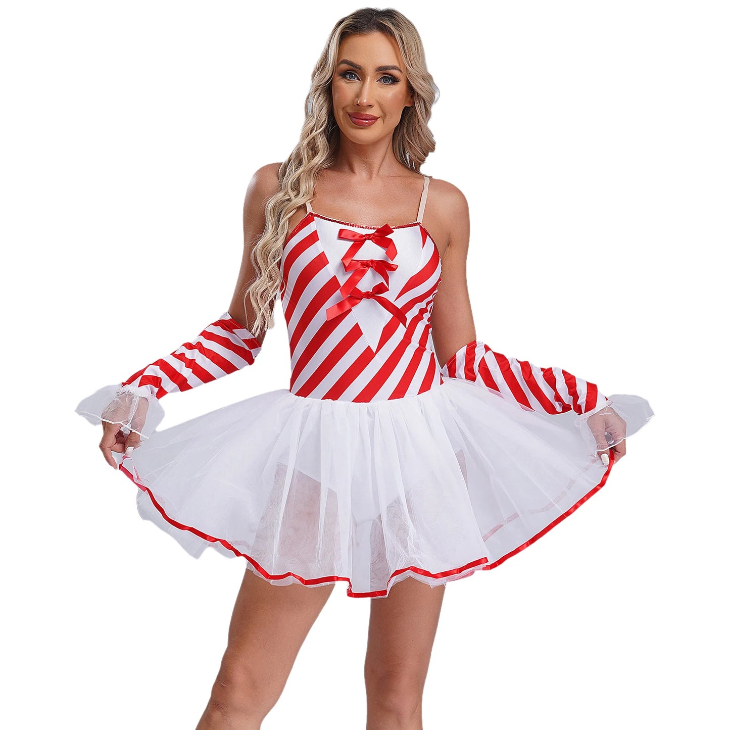 Womens Christmas Candy Cane Tutu Dress with Gloves New Year Costume Bow Striped Tulle Sling Dress Xmas Holiday Party Costumes