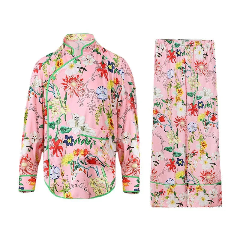 Pink Floral Print Satin Women Pajamas Set Long Sleeve Wide Leg Tousers Silk Sleepwear for Female 2 Pieces Pyjama Loungewear Home