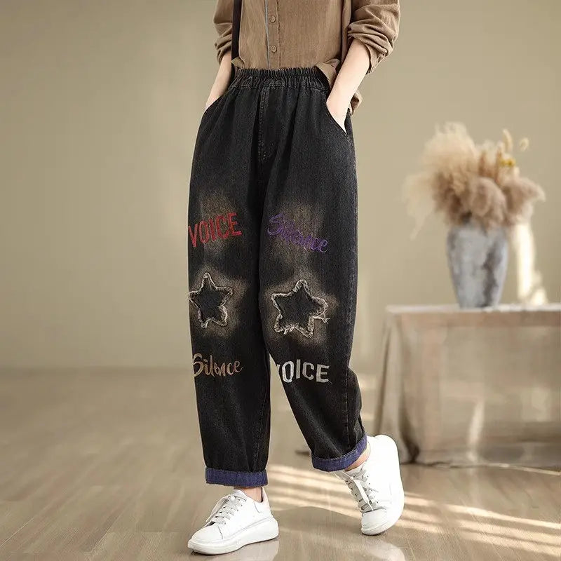 2024 Autumn New Vintage Loose Large Size Jeans Women's Harem Patch Letter Elastic High Waist Radish Pants Denim Dad Tousers K252