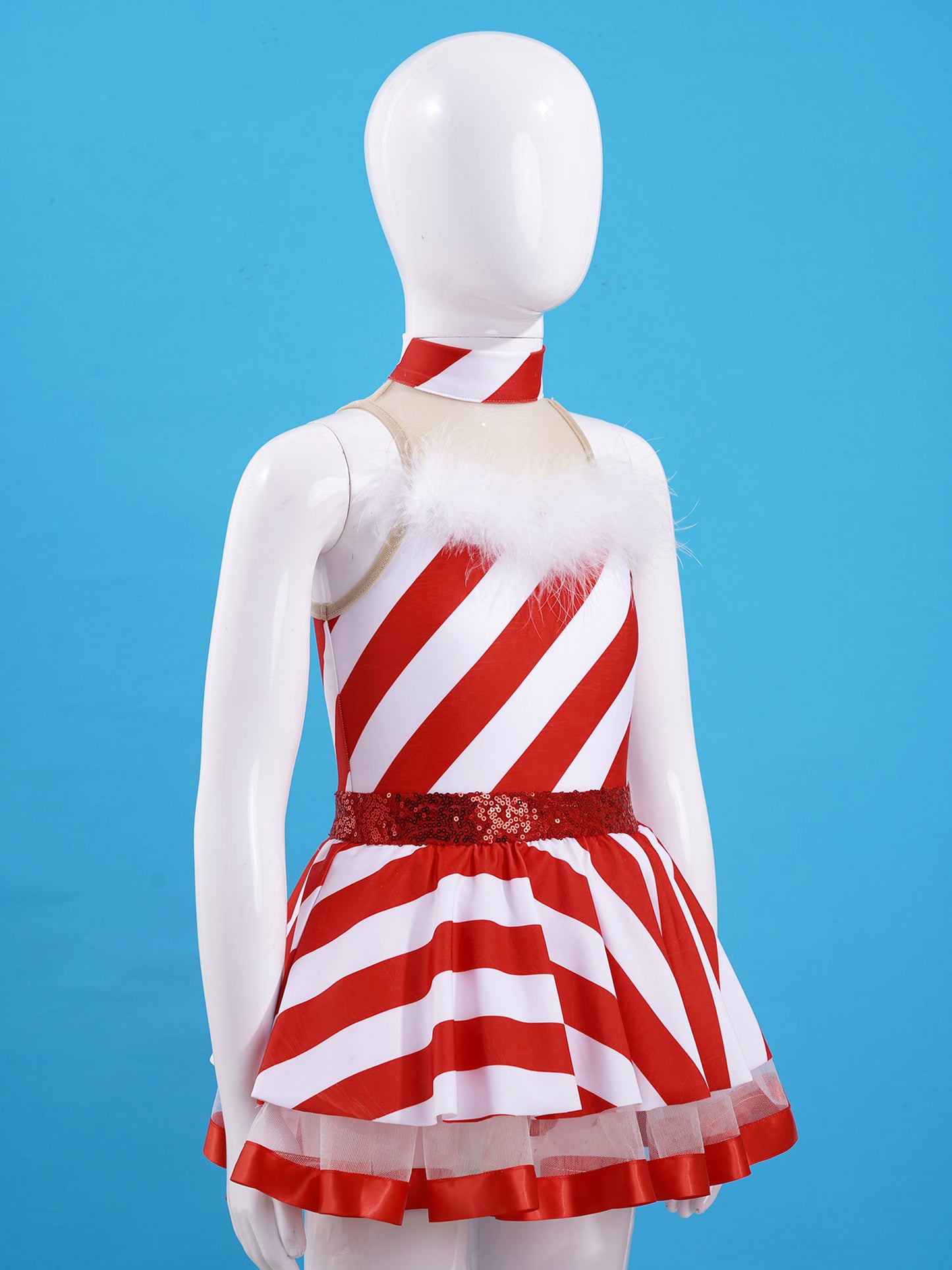 Teen Girls Christmas Party Dress Striped Candy Cane Ballet Dance Skating Leotard Tutu with Hat Xmas Santa Claus Cosplay Costume