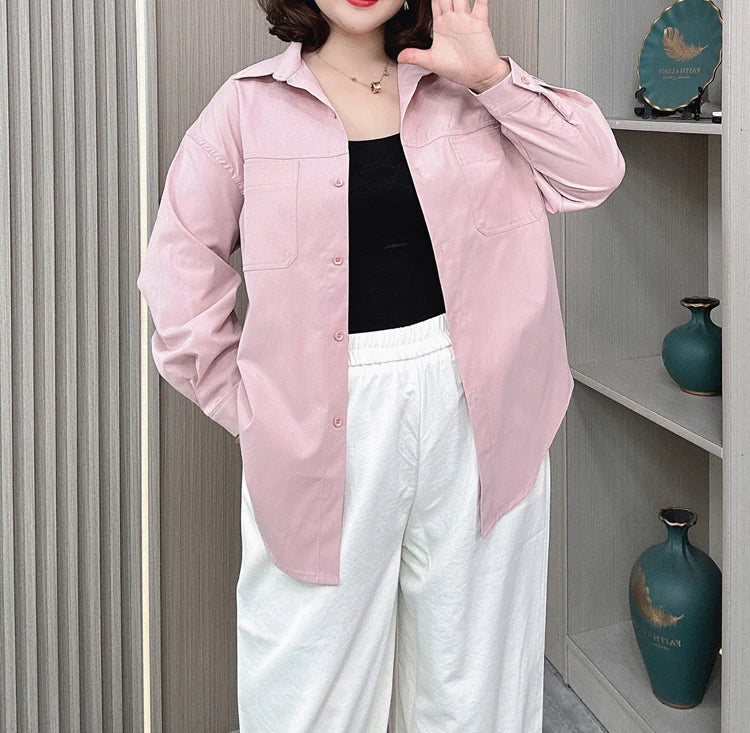 Spring/Autumn New Lapel Long Sleeve Loose Shirt Women Plus Size Casual Style Pocket Shirt-Coat 2314