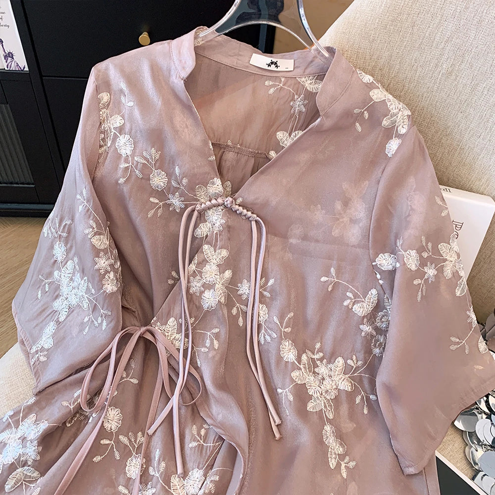 Plus size Women's dress Summer Casual Chiffon shirt Loose and comfortable Chinese style cardigan top Light and breathable