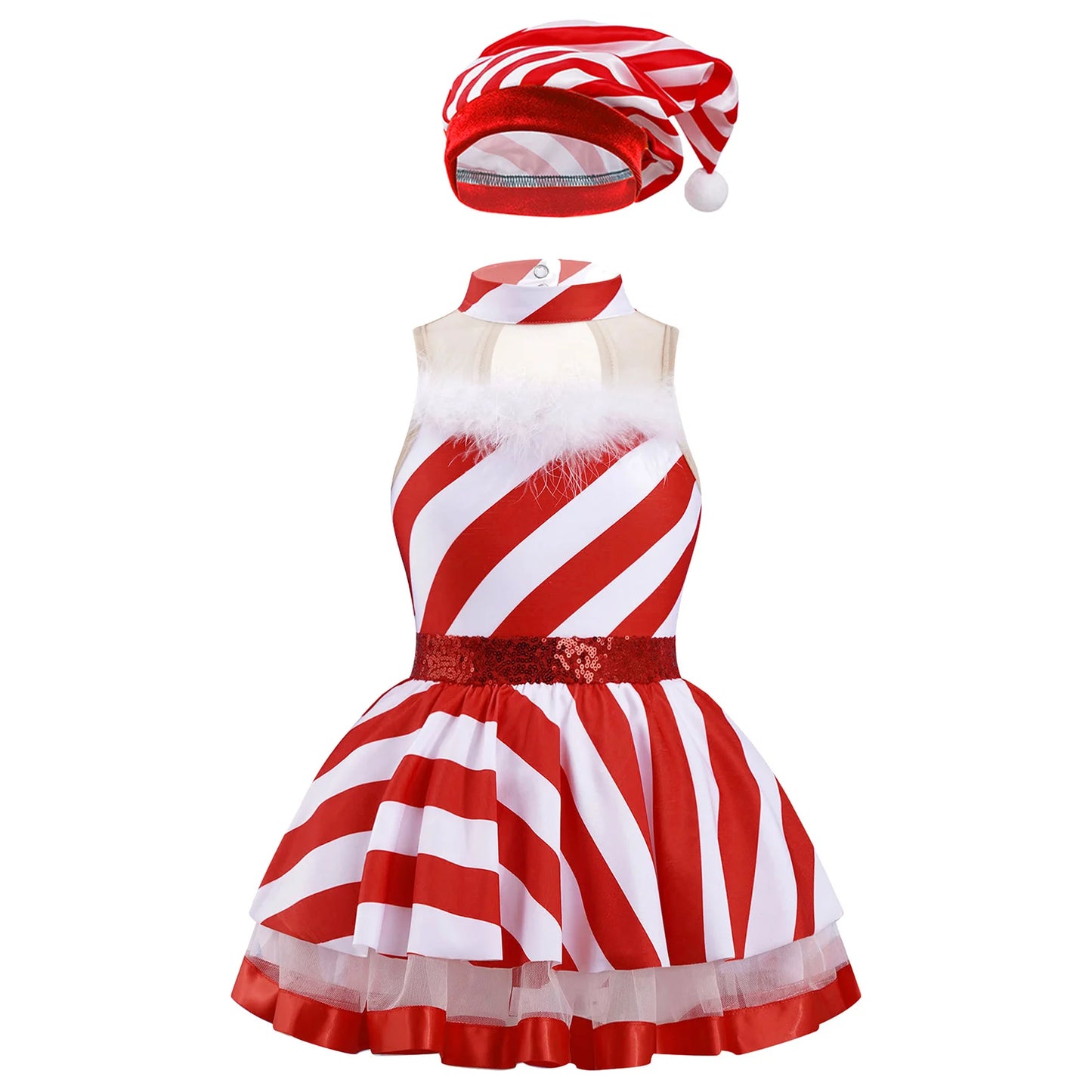 Teen Girls Christmas Party Dress Striped Candy Cane Ballet Dance Skating Leotard Tutu with Hat Xmas Santa Claus Cosplay Costume