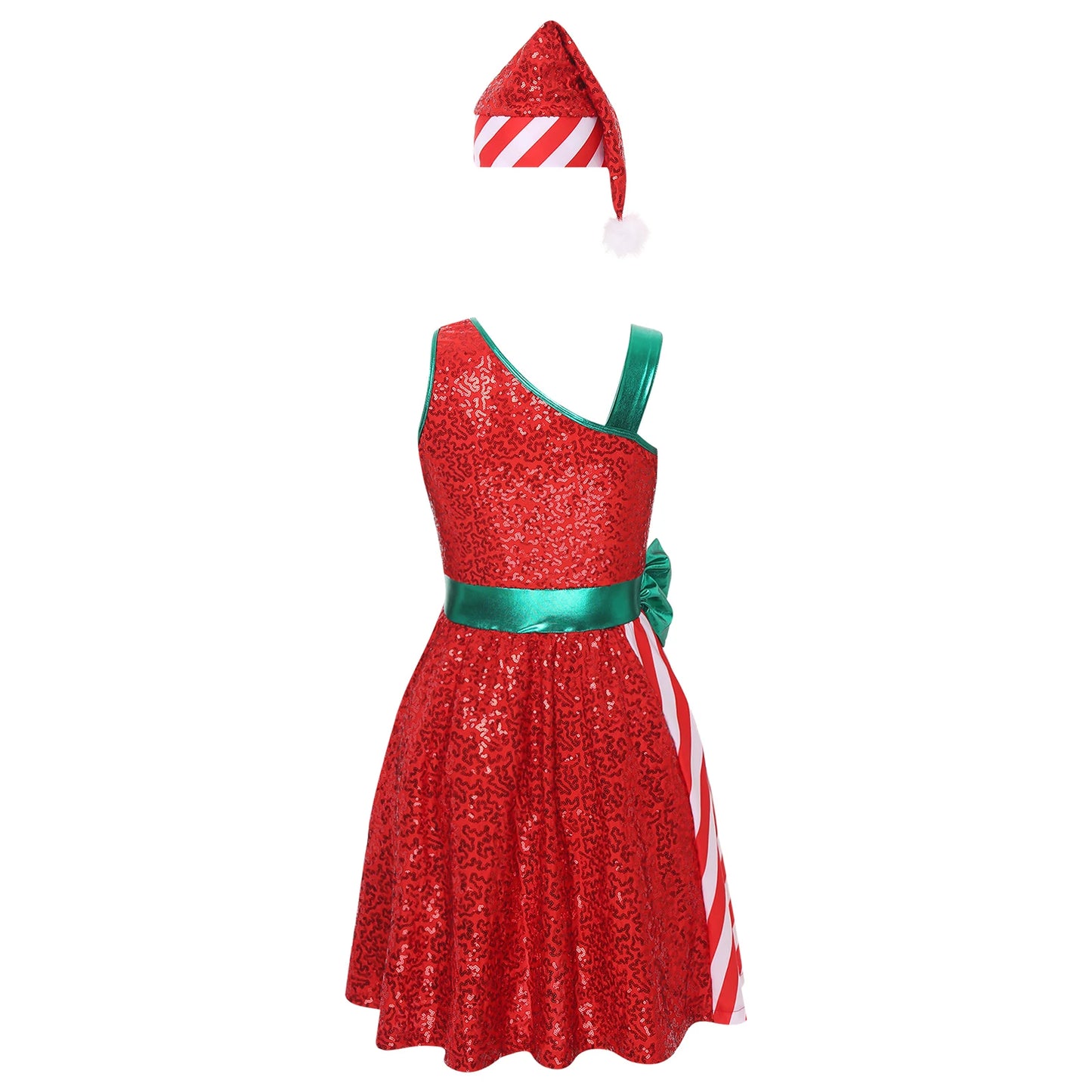 Women Christmas Santa Claus Costume Candy Cane Sequins Dance Dress with Hat Set Mrs Santa Elf Xmas Holiday Party Cosplay Costume