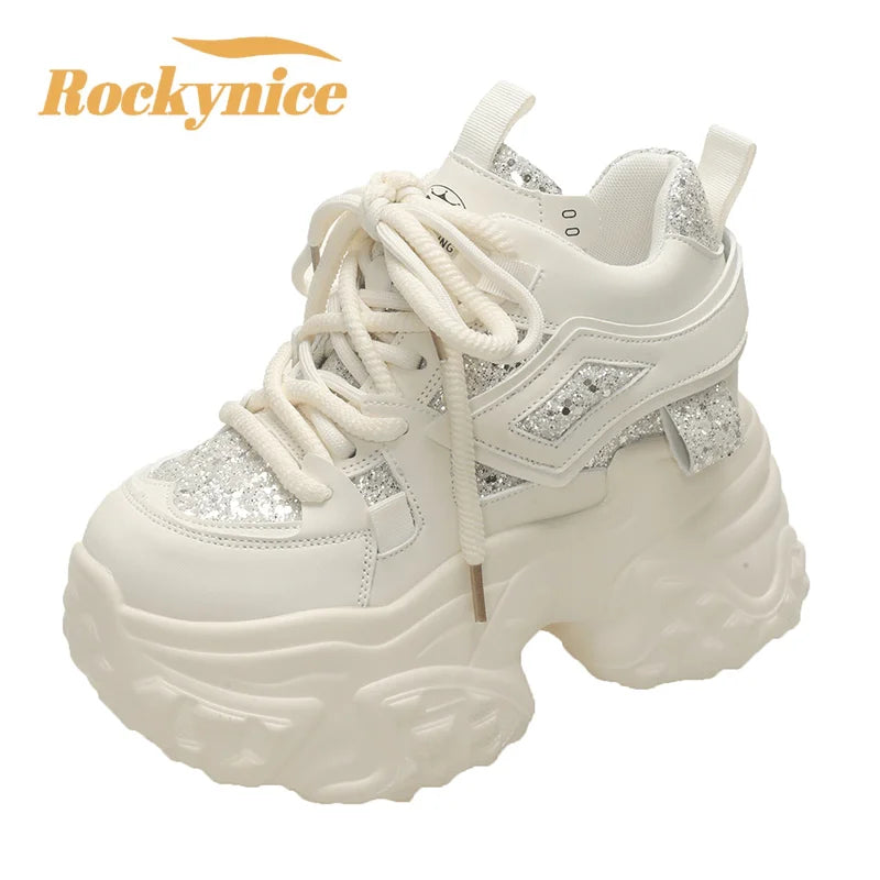 Women High Platform Sneakers Bling Leather Sport Dad Shoes Trainers 11CM Casual Thick Bottom Chunky Sneakers Woman Zapatos Mujer