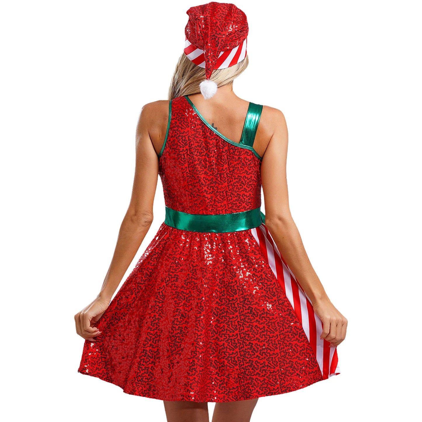 Women Christmas Santa Claus Costume Candy Cane Sequins Dance Dress with Hat Set Mrs Santa Elf Xmas Holiday Party Cosplay Costume