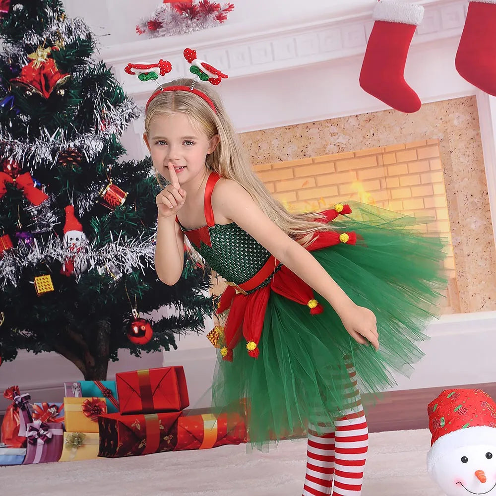 Children Christmas Clothing Girl Cosplay Christmas Tree Dress Princess Pomp Dress Children Holiday Party Cute Stage Costume