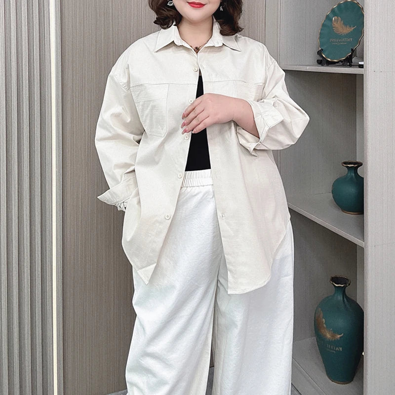 Spring/Autumn New Lapel Long Sleeve Loose Shirt Women Plus Size Casual Style Pocket Shirt-Coat 2314