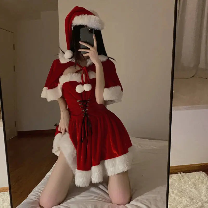 Kawaii Cosplay Santa Autumn Winter Cute Christmas Red Shawl Women Holiday Costume Set Party Dress Up Outfit Female Cloak