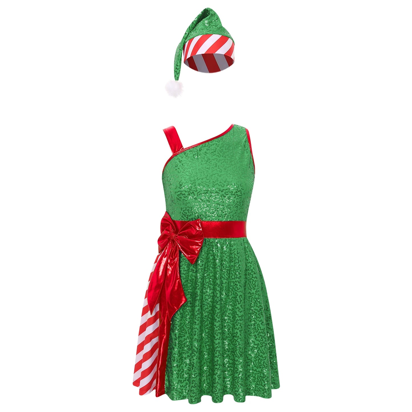 Women Christmas Santa Claus Costume Candy Cane Sequins Dance Dress with Hat Set Mrs Santa Elf Xmas Holiday Party Cosplay Costume