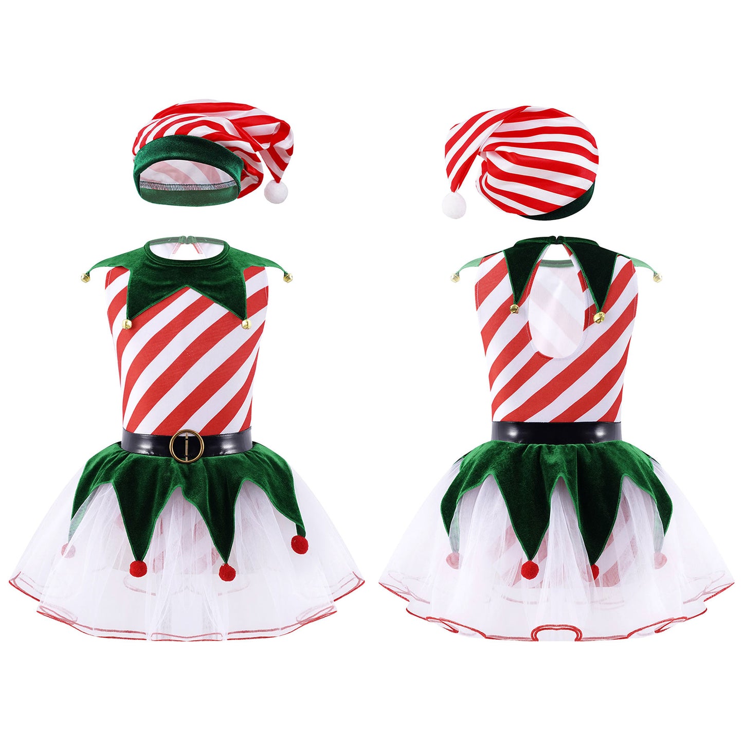 Teen Girls Christmas Party Dress Striped Candy Cane Ballet Dance Skating Leotard Tutu with Hat Xmas Santa Claus Cosplay Costume