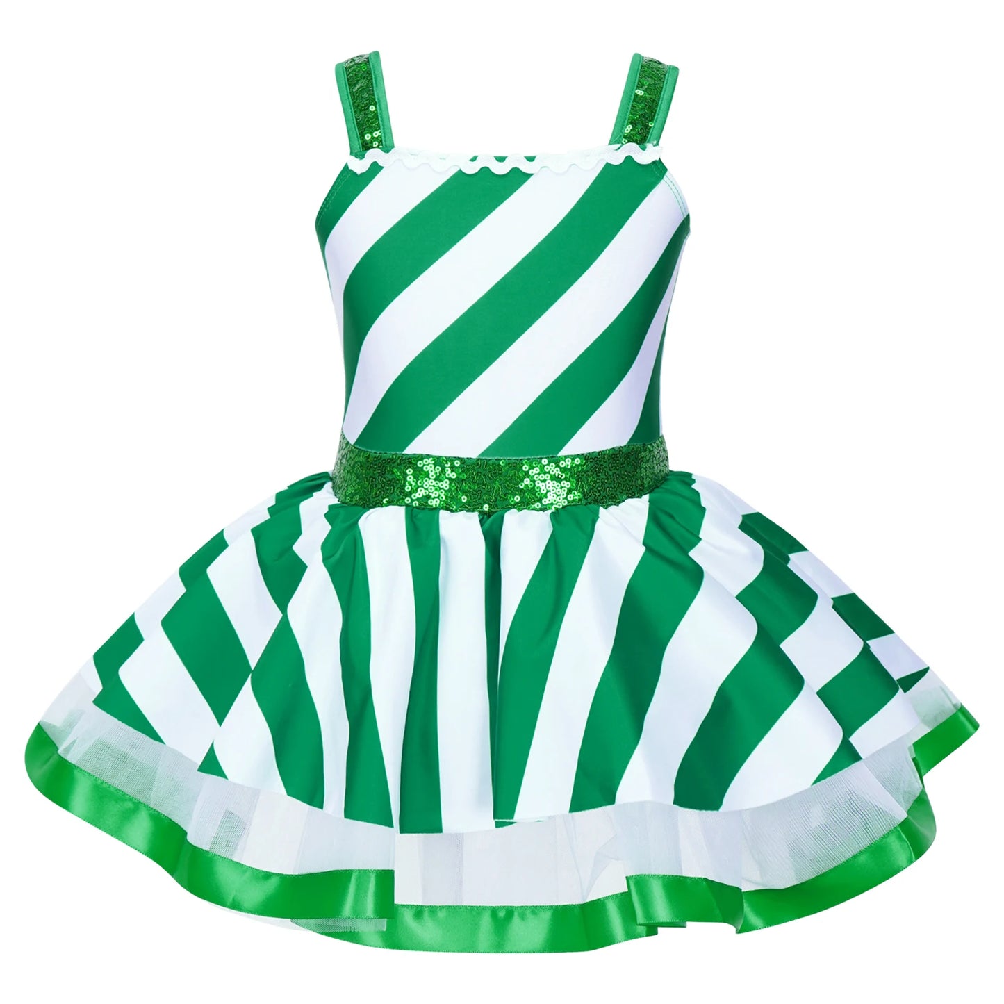 #2T-16 Kids Girls Christmas Dance Costume Candy Cane Santa Claus Leotard Dress Sequins Striped Ice Skating Roller Dancewear