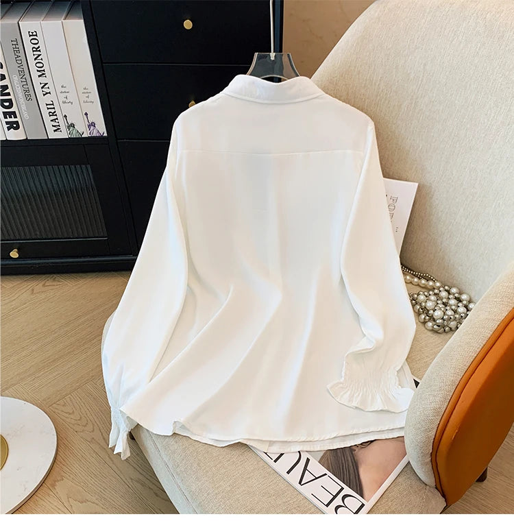 Plus-size women's white black solid color shirt elastic cuff long sleeve top button business fashion simple chiffon autumn 2024