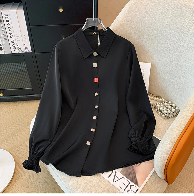 Plus-size women's white black solid color shirt elastic cuff long sleeve top button business fashion simple chiffon autumn 2024