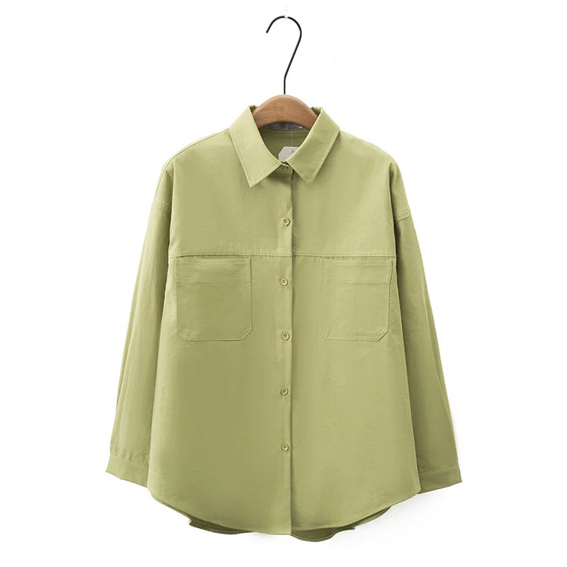 Spring/Autumn New Lapel Long Sleeve Loose Shirt Women Plus Size Casual Style Pocket Shirt-Coat 2314