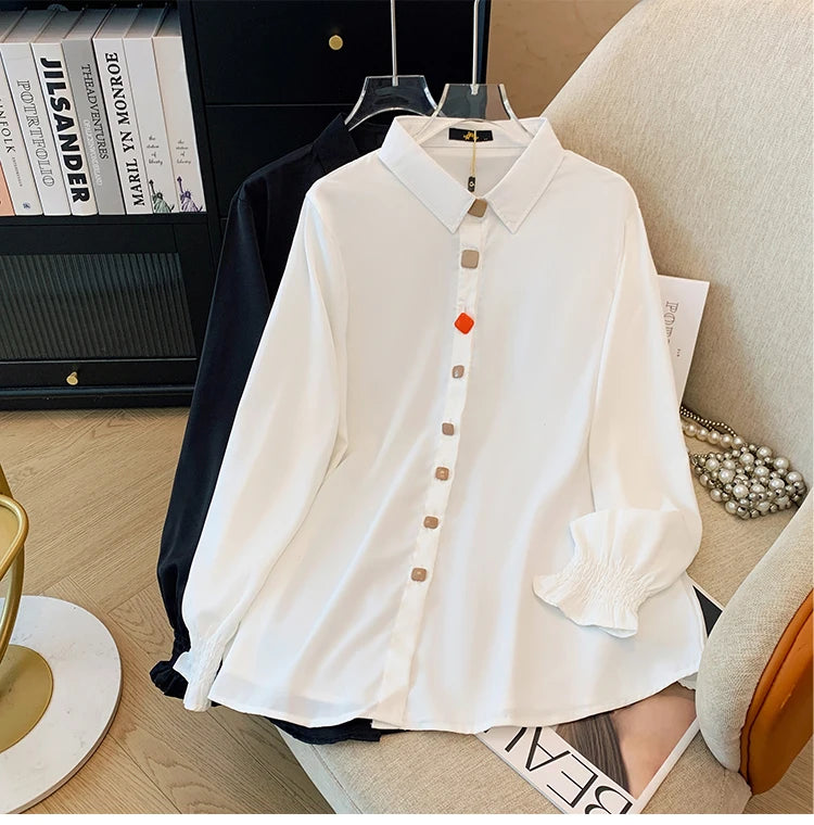 Plus-size women's white black solid color shirt elastic cuff long sleeve top button business fashion simple chiffon autumn 2024